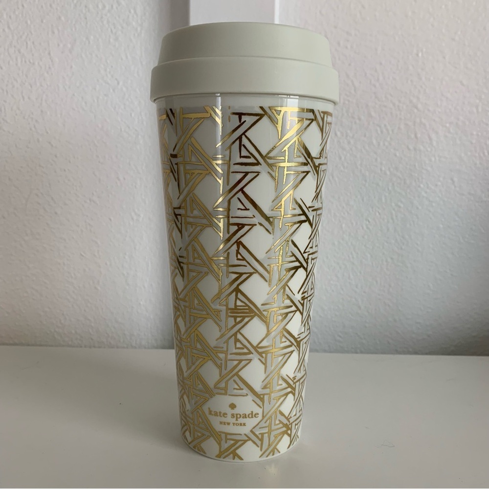 Kate Spade Gold Ivory Coffee Tea Travel Tumbler 16oz Double Wall Thermal Car